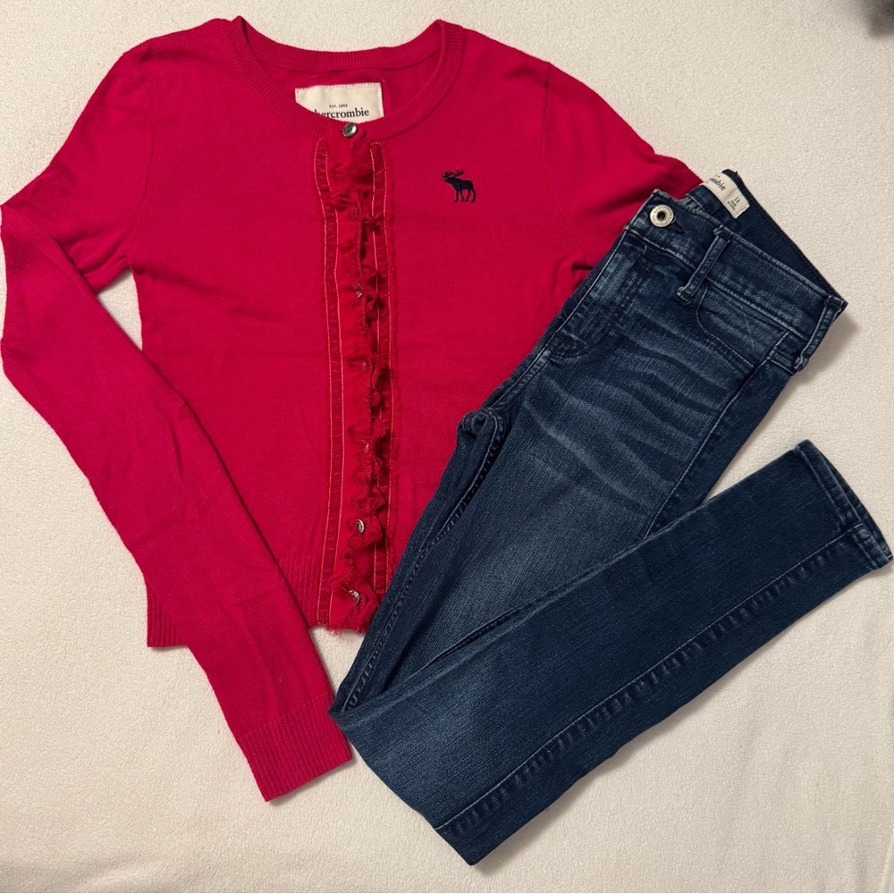 Abercrombie & Fitch Kids Pink Ruffle Sweater & Stretchy Denim Jeans. Girls XL/14